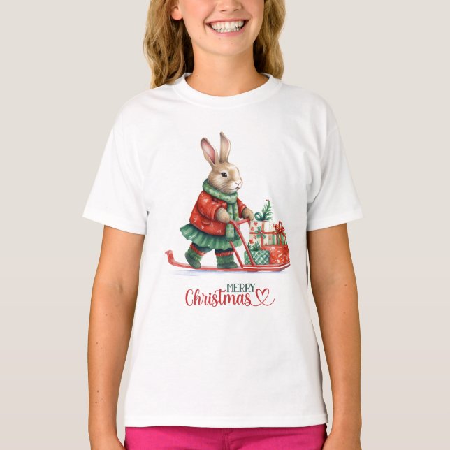 Girl Rabbit Bearing Christmas Gifts On Skis T-Shirt (Front)