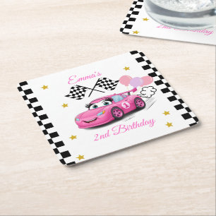 Girl Racing Birthday Plates Fast One & Two Fast Square Paper Coaster