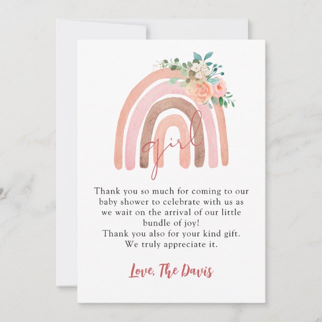 Girl Rainbow Baby, Boho Baby Shower Thank You Card (Front)