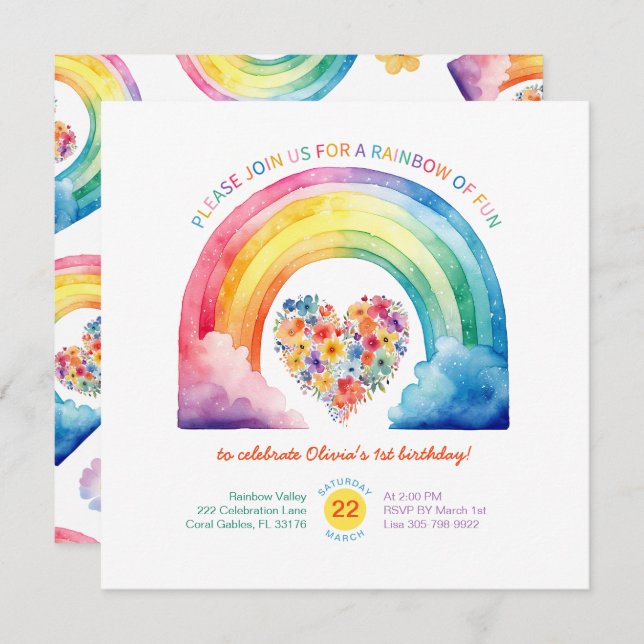 Girl Rainbow Cloud Birthday Invitation  (Front/Back)