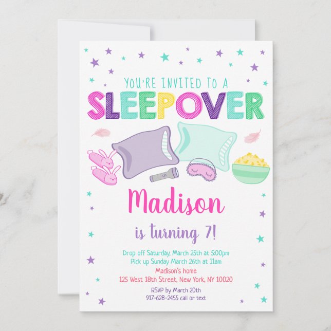 Girl Rainbow Sleepover Slumber Party Birthday Invitation (Front)