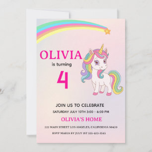 Girl Rainbow Unicorn 4th Birthday Invitation