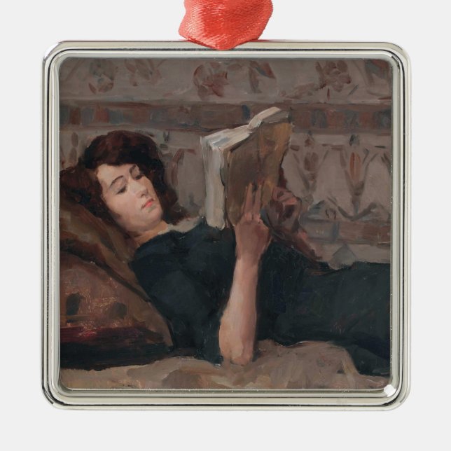 Girl Reading a Book (Reclining on a Divan) Metal Tree Decoration (Front)