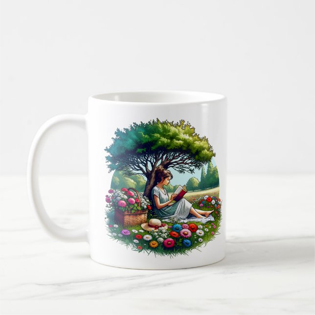 Girl Reading a Book under a Tree on a Relaxing Day Coffee Mug (Left)