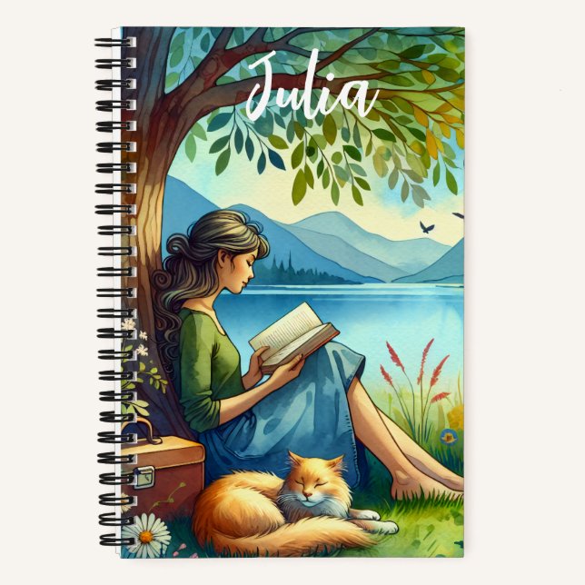 Girl Reading a Book under a Tree with a Sleepy Cat (Front)
