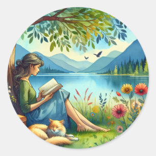 Girl Reading a Book under a Tree with a Sleepy Cat Classic Round Sticker