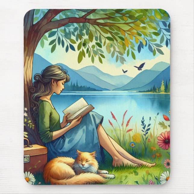 Girl Reading a Book under a Tree with a Sleepy Cat Mouse Pad (Front)