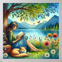 Girl Reading a Book under a Tree with a Sleepy Cat