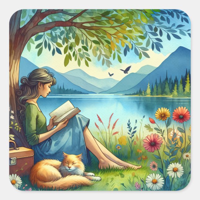 Girl Reading a Book under a Tree with a Sleepy Cat Square Sticker (Front)