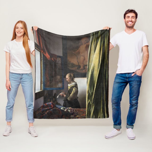 Girl Reading a Letter at an Open Window, Vermeer Fleece Blanket (In Situ)