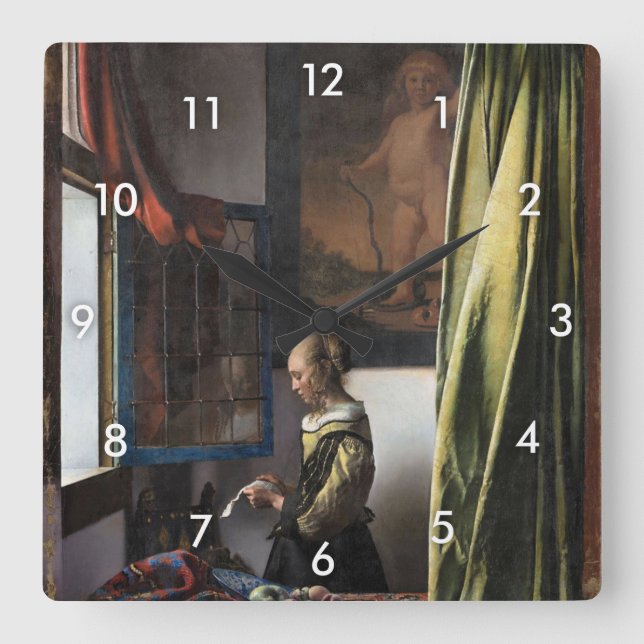 Girl Reading a Letter at an Open Window, Vermeer Square Wall Clock (Front)