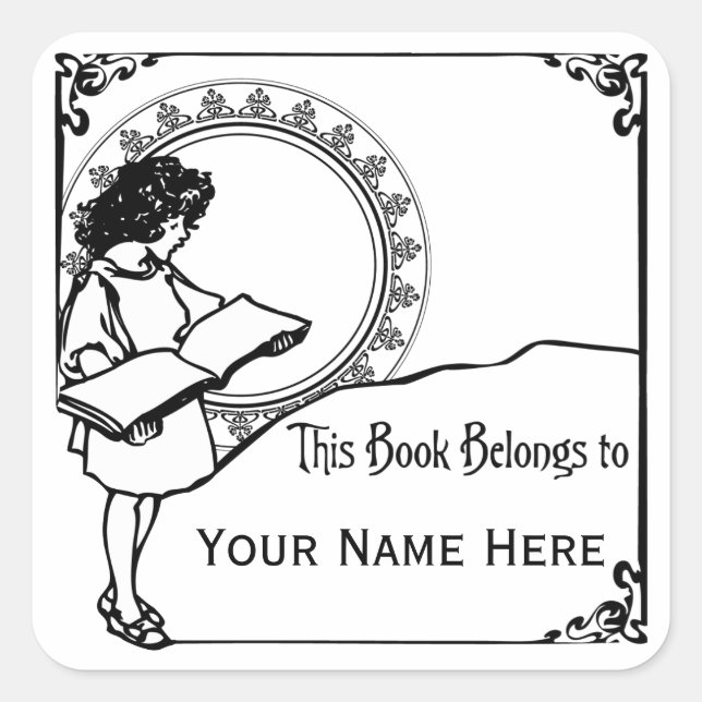 Girl Reading Art Nouveau Style Bookplate Square Sticker (Front)