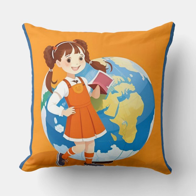 Girl Reading Book Globe Study Room Cushion (Front)