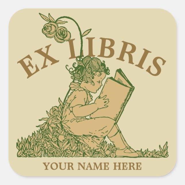 Girl Reading Book In Flowers Ex Libris Template Square Sticker (Front)