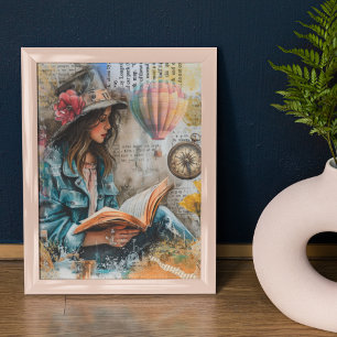 Girl Reading Collage Style Poster