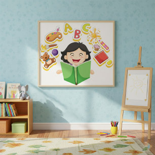 Girl Reading Learning ABC Letters and Toys Poster