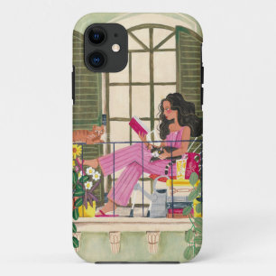 Girl reading on summer balcony with cats Case-Mate iPhone case