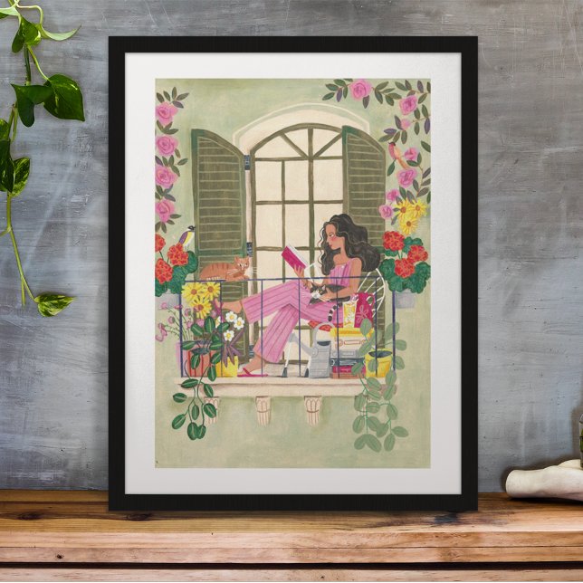 Girl reading on summer balcony with cats poster (Creator Uploaded)