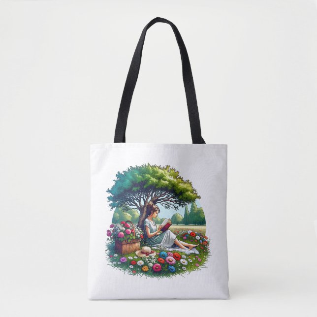 Girl Reading under a Tree Surrounded by Flowers Tote Bag (Front)