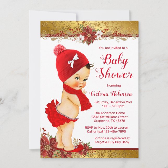 Girl Red Gold Christmas Baby Shower Brunette Invitation (Front)