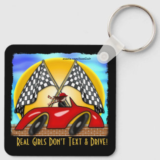 Girl, Red Hot Rod, Chequered Flags (Personalised) Key Ring
