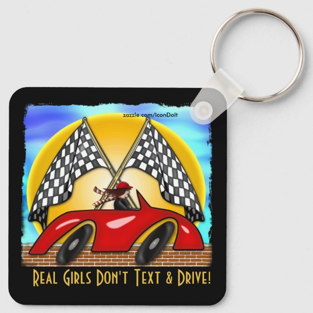 Girl, Red Hot Rod, Chequered Flags (Personalised) Key Ring (Back)