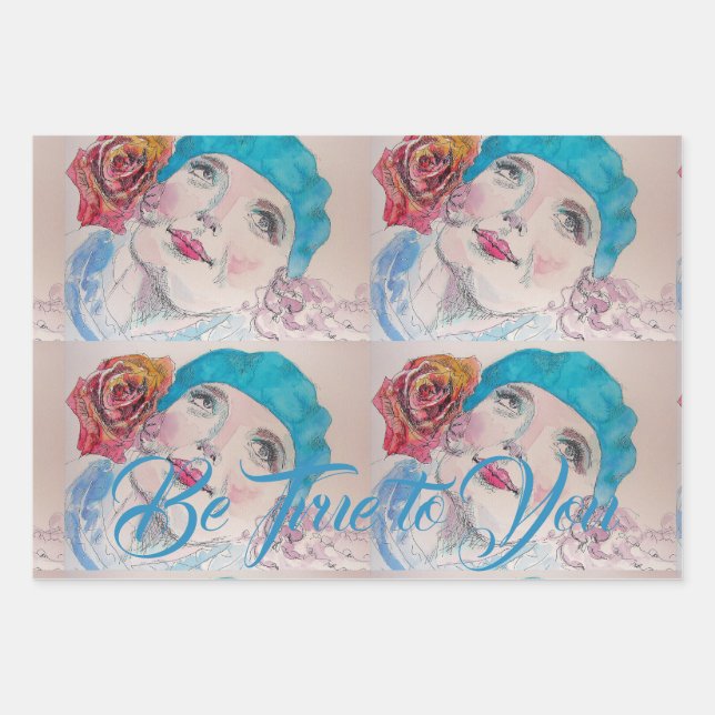 Girl Red Rose Beret Be True To You Wrapping Paper (Front)