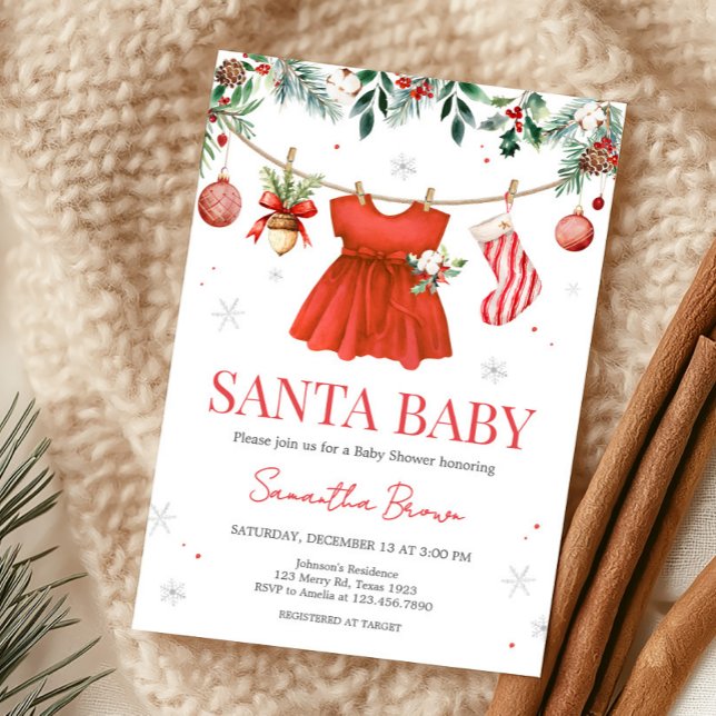 Girl Red Santa Christmas Baby Shower Invitation (Santa Baby Clothesline Baby Shower Invitation)