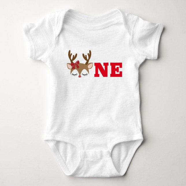 Girl Reindeer First Birthday Top Bodysuit (Front)
