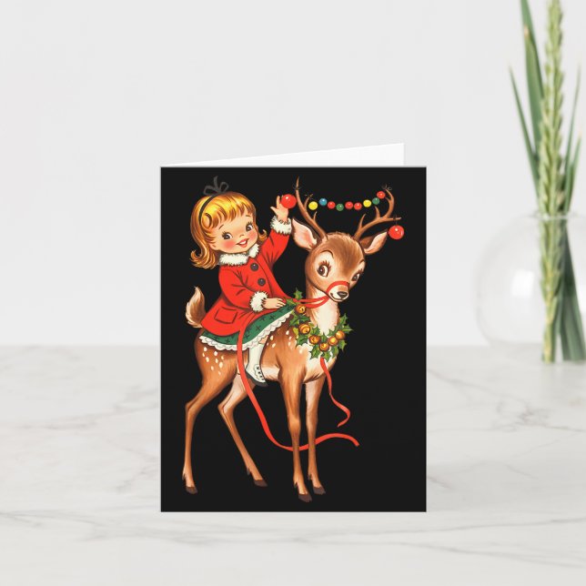 Girl Reindeer Retro 1950s Vintage Christmas Women  Card (Front)