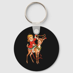 Girl Reindeer Retro 1950s Vintage Christmas Women Key Ring