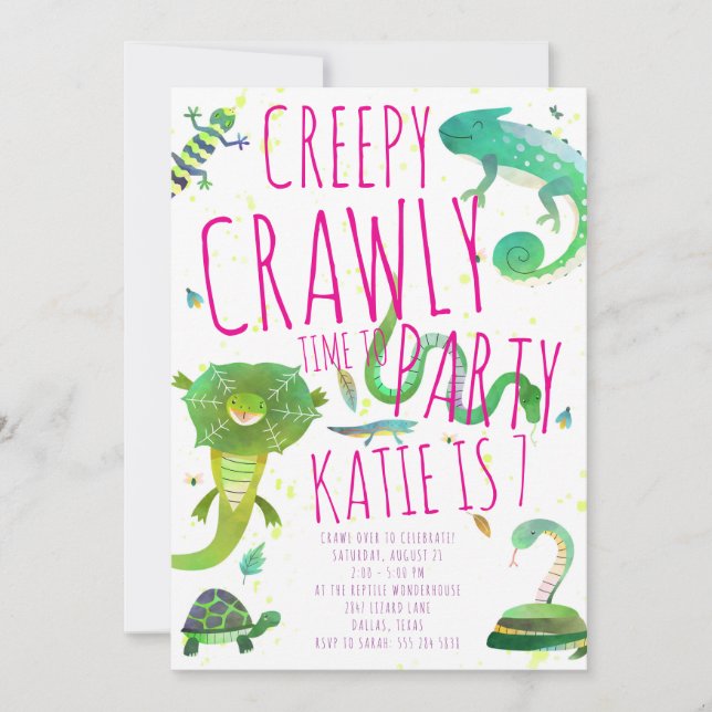 Girl Reptile Birthday Invitation - Lizards & Snake (Front)