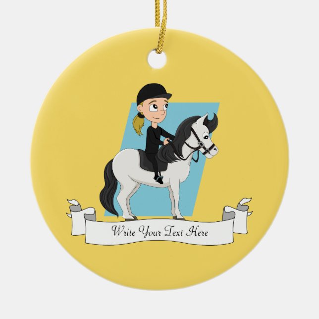 Girl riding a horse cartoon ceramic tree decoration (Front)