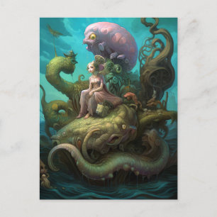 Girl Riding A Sea Monster Surreal Art Postcard