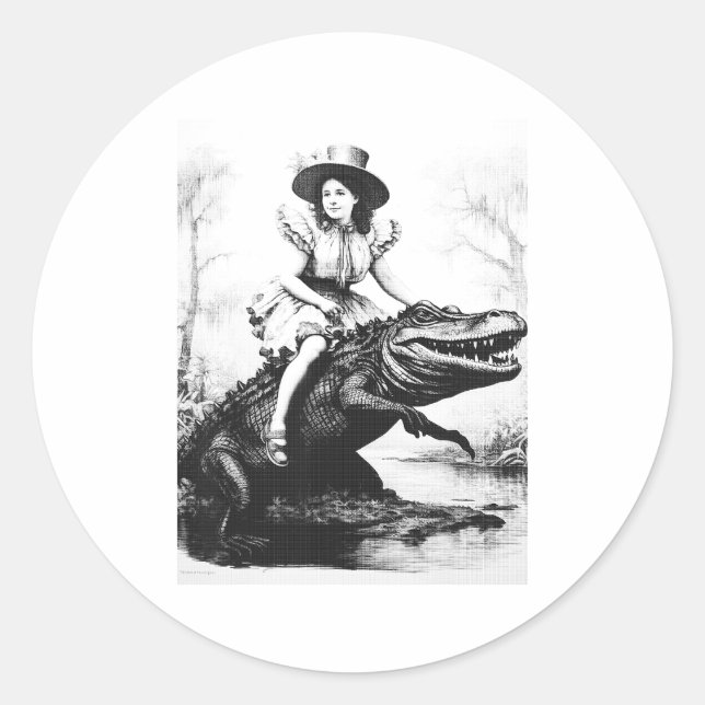 Girl Riding Alligator _ Weird Funny Florida Crocod Classic Round Sticker (Front)