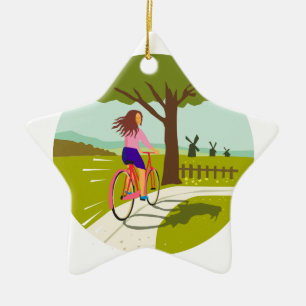 Girl Riding Bicycle Up Tree Circle Retro Ceramic Tree Decoration