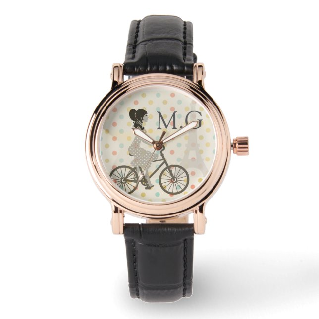 Girl Riding Bike in Paris Polka Dot Monogram Watch (Front)