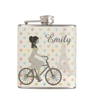 Girl Riding Bike in Paris Polka Dot Personalised Hip Flask