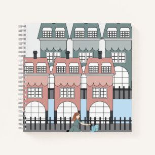 Girl Riding Bike Past Amsterdam Tall Houses Art Notebook