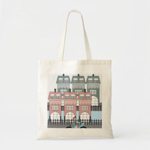Girl Riding Bike Past Amsterdam Tall Houses Art Tote Bag