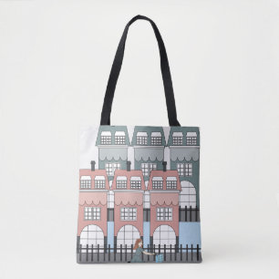 Girl Riding Bike Past Amsterdam Tall Houses Art Tote Bag