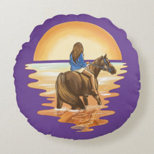 Girl riding horse in Sunset Round Cushion