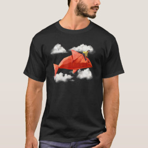 Girl Riding Origami Paper Fish Clouds Aesthetic T-Shirt