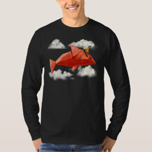 Girl Riding Origami Paper Fish Clouds Aesthetic T-Shirt