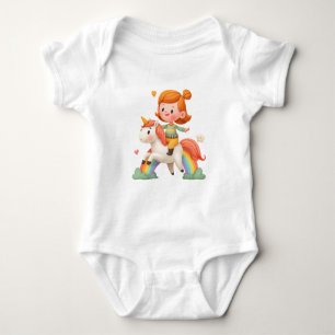 Girl Riding Unicorn Over Rainbow – Cute Fantasy Baby Bodysuit