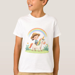 Girl Riding Unicorn Under Rainbow – Cute fantasy T-Shirt