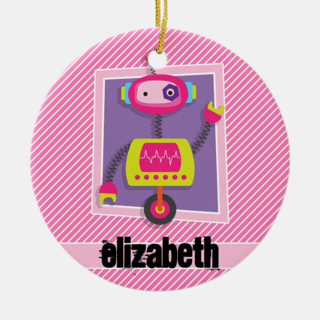 Girl Robot; Pink & White Stripes Ceramic Tree Decoration (Front)