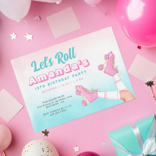 Girl Roller Skating Pink and Blue Birthday Invitation
