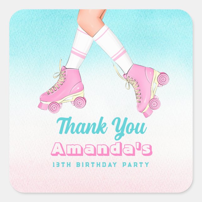 Girl Roller Skating Pink and Blue Thank You Square Sticker (Front)