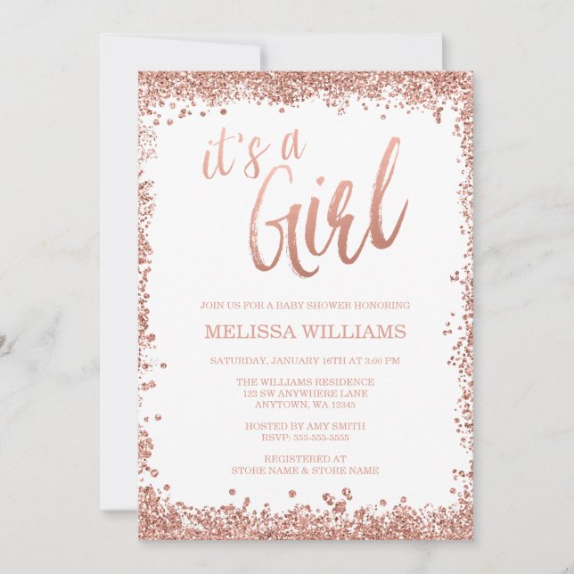 Girl Rose Gold Faux Glitter Baby Shower Invitation (Front)